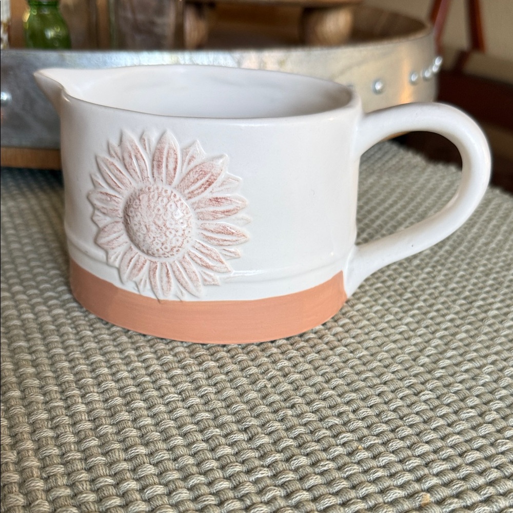 Sunflower Embossed Cream and Tan Ceramic Pitcher
